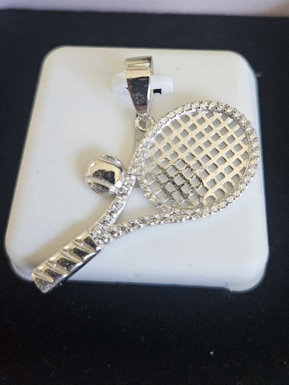 925 Sterling Silver Tennis Racket Pendant with Pave Lab Spinel Accents